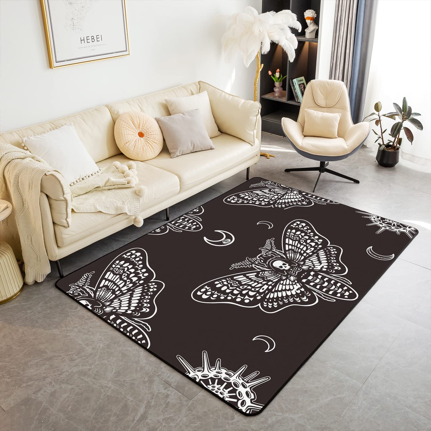 Loussiesd Moth Skull Area Rug Boho Moon Skull Living Room Rug Bohemian Halloween Skeleton Accent Rug Gothic Bones Super Entrance Rug Inside Floor Mats Machine Washable 150 * 200cm