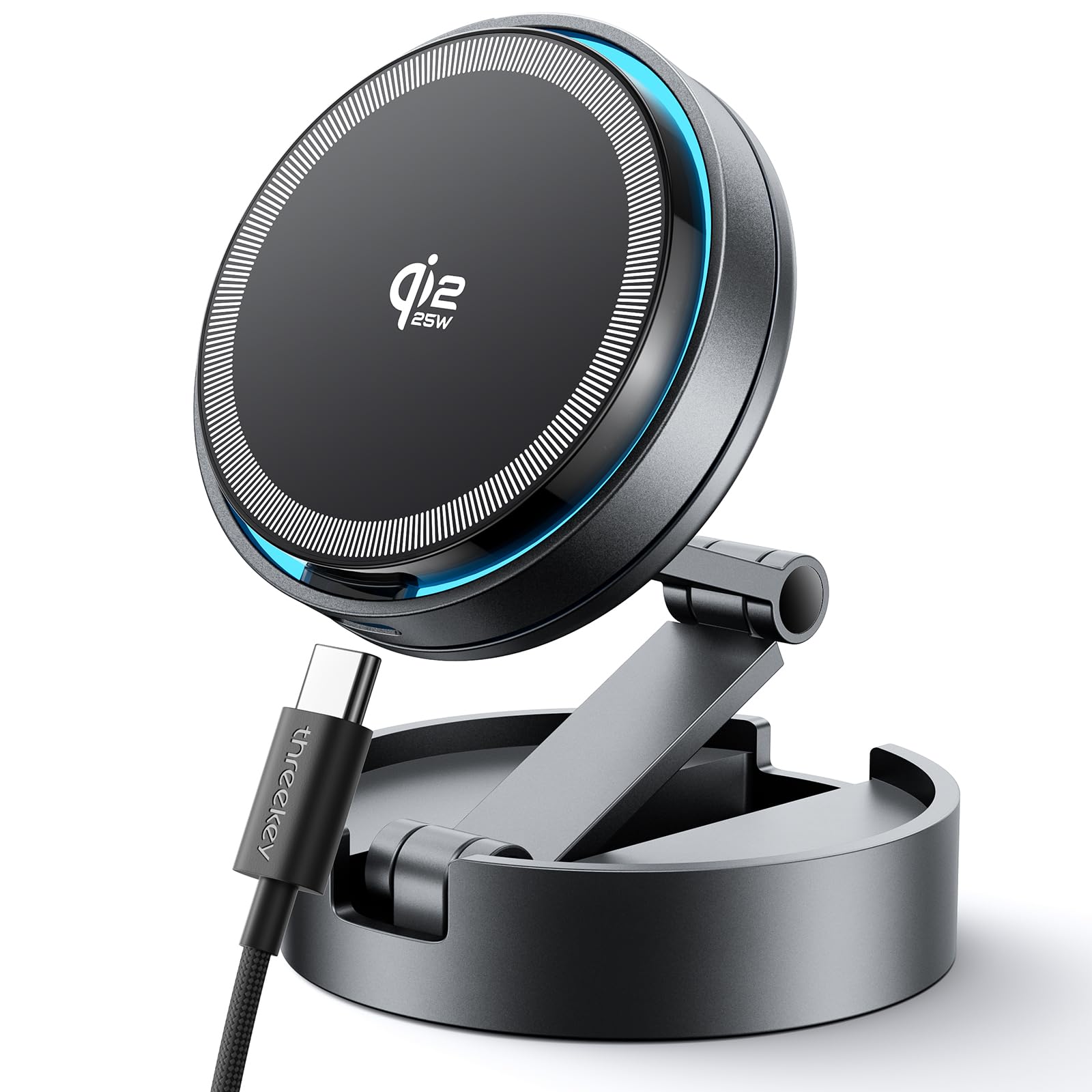 Photo 1 of THREEKEY for?Qi2 25W Certified? MagSafe Car Mount Charger with Cooling Fan&LED Light, 360° Rotating Fast Wireless Charger & Phone Holder for iPhone 17-12, Galaxy S25 | 30W Adapter Included