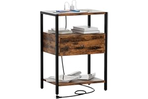 YAKANJ Side Table with Charging Station and Storage,Nightstand Bed Side Table with Drawer for Small Spaces,End Table Night Stand for Bedroom,Living Room,Study-Brown