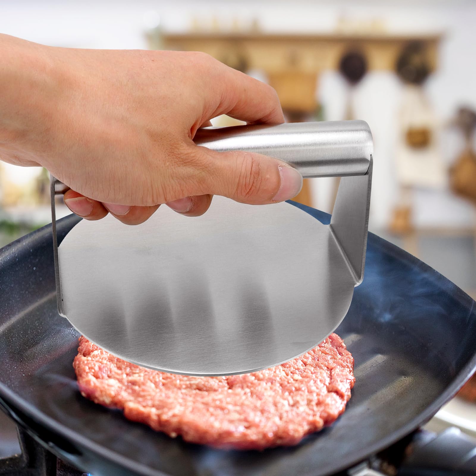 Smash Burger Press, 5.5 Inch Stainless Steel Burger Smasher, Heavy Duty Grill Flattener for Flat Top Griddle Grill Cooking Steaks BBQ