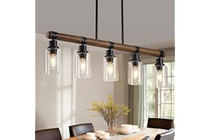 MAESTA Dining Room Chandelier Over Table, 5-Light Farmhouse Kitchen Island Lighting, Matte Black Rustic Wood Chandelier with Clear Glass Shade, Ceiling Pendant Light Fixture for Kitchen