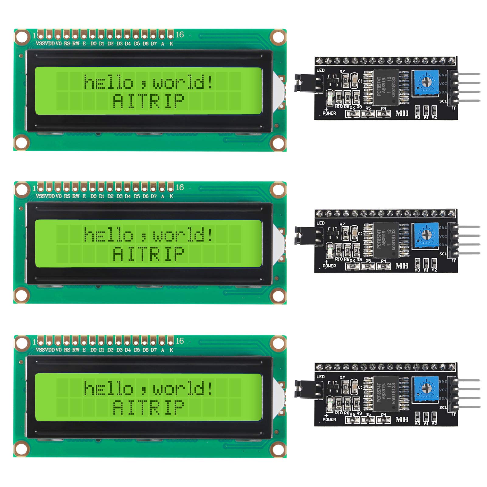 AITRIP 3 Pack IIC/I2C/TWI LCD 1602 16x2 Serial Interface Adapter Module Blue Backlight for Arduino UNO R3 (Green)