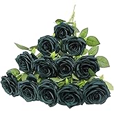 LVEFIT 12pcs Artificial Rose Flower Dark Green Rose Emerald Green Flower with Long Stem Silk Roses Bouquet for Wedding Bridal Shower Party Home Decoration