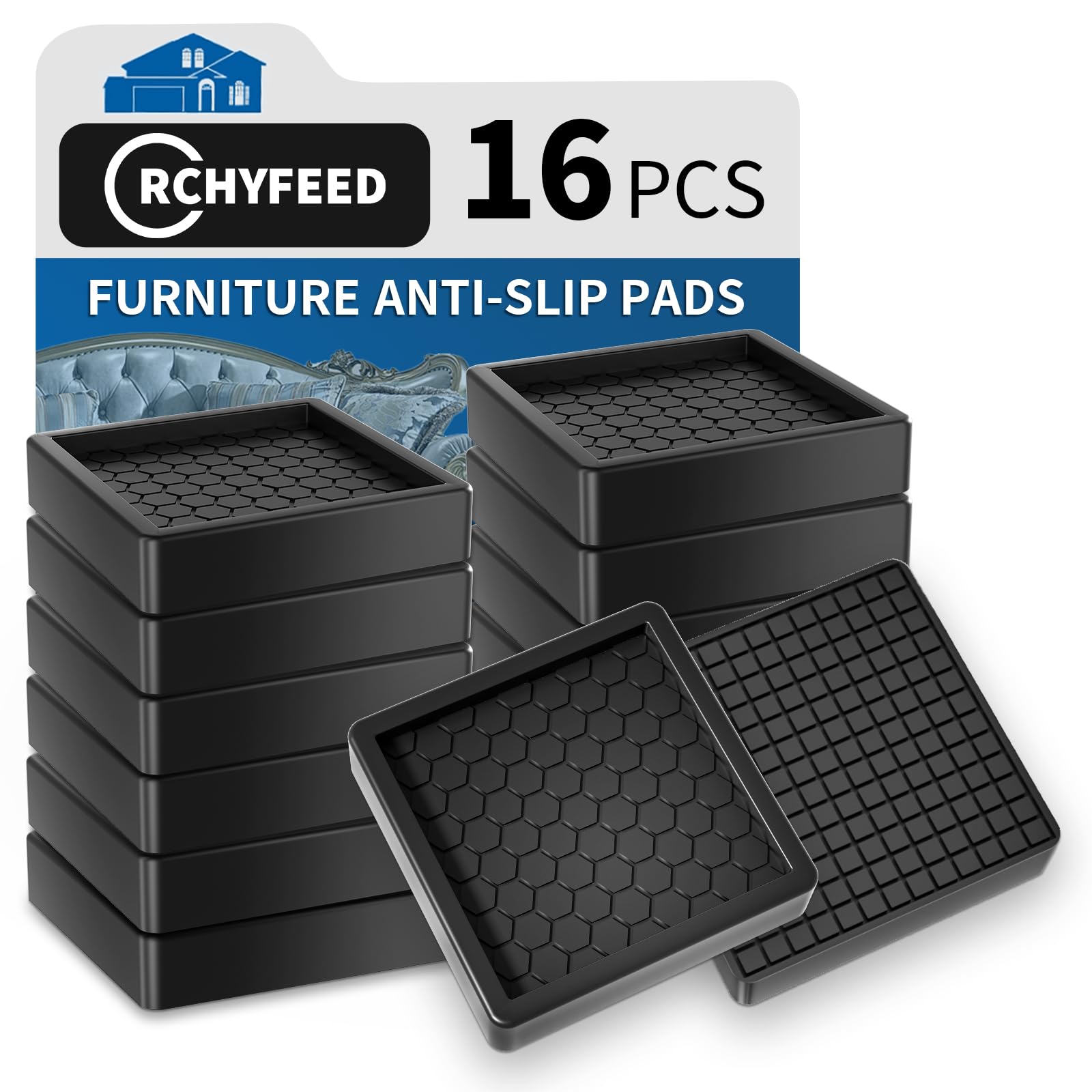 RCHYFEED Furniture Caster Cups, 16Pcs Square Furniture Coasters, 2" Furniture Castor Cups Non-Slip, Sofa Feet Pads,Thick Rubber Furniture Coaster-Prevent Furniture from Moving or Rolling (Black)