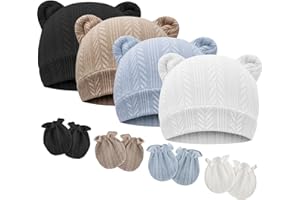 DRESHOW BQUBO Newborn Baby Hats Bear Ears and Mittens Sets Preemie Caps Baby Boy Girl Infant Hospital Beanie for 0-3 Months