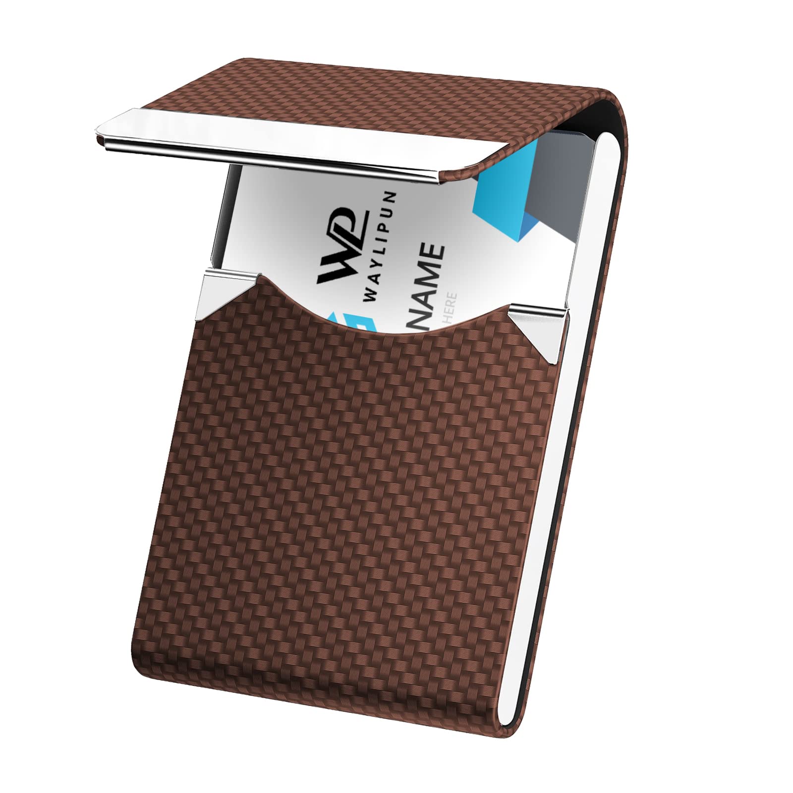 Waylipun Business Card Holders, Professional PU Leather & Stainless Steel Business Card Case, Slim Metal Pocket Card Holder with Magnetic Shut - Keep Business Cards in Immaculate Condition (Coffee)