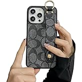 Gamkeup Case for iPhone 15 Pro Max with Ring Holder,Designer Textured Leather Pattern with Wrist Strap,Shockproo Protective Tough Cover Compatible with iPhone 15 Pro Max 6.7Inch(Black)