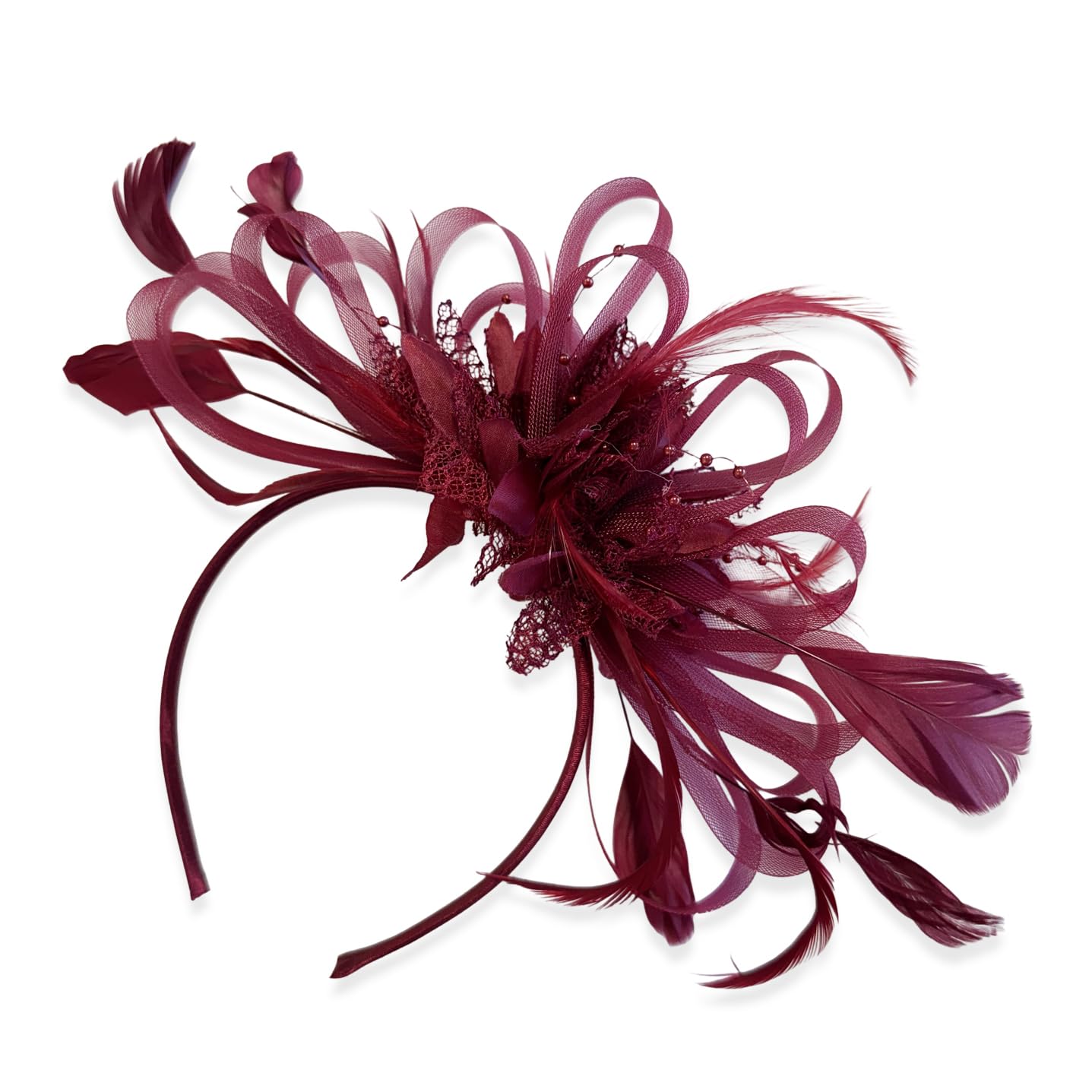 Caprilite Hoopmix Crinoline Flower Headband Fascinator for Women Wedding Ascot Races (Burgundy Dark Red)