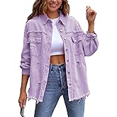 SEMATOMALA Women's Frayed Hem Ripped Denim Shirt Jacket Button Front Boyfriend Jean Coat Oversized Distressed Fall Shacket