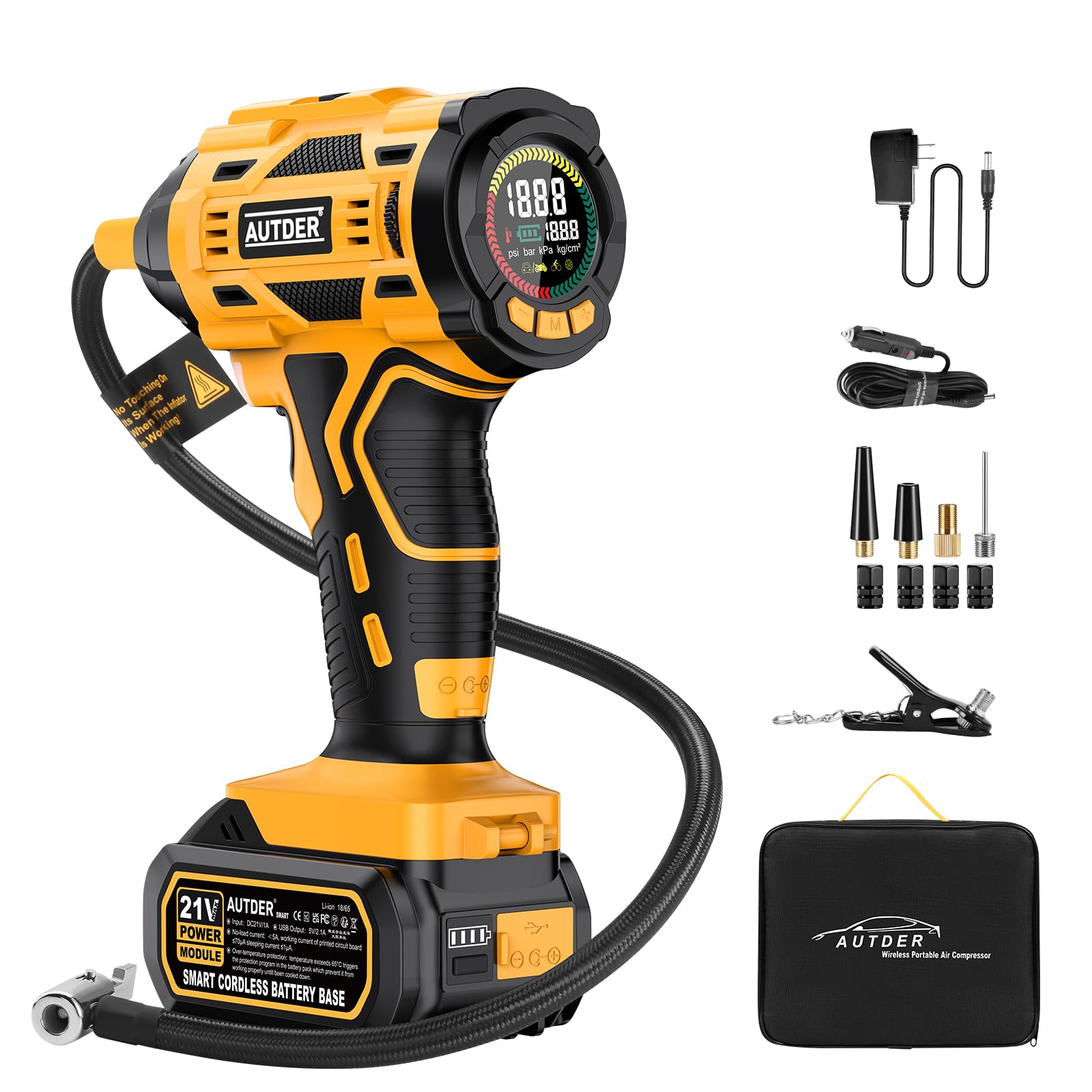 Photo 1 of AUTDER Cordless Tire Inflator, 180PSI Portable Air Compressor with 21V Rechargeable Battery & 12V DC Car Adapter, Fast Inflation Digital Pump for Cars, Motorcycles, Bikes & Sports Balls - Black Yellow