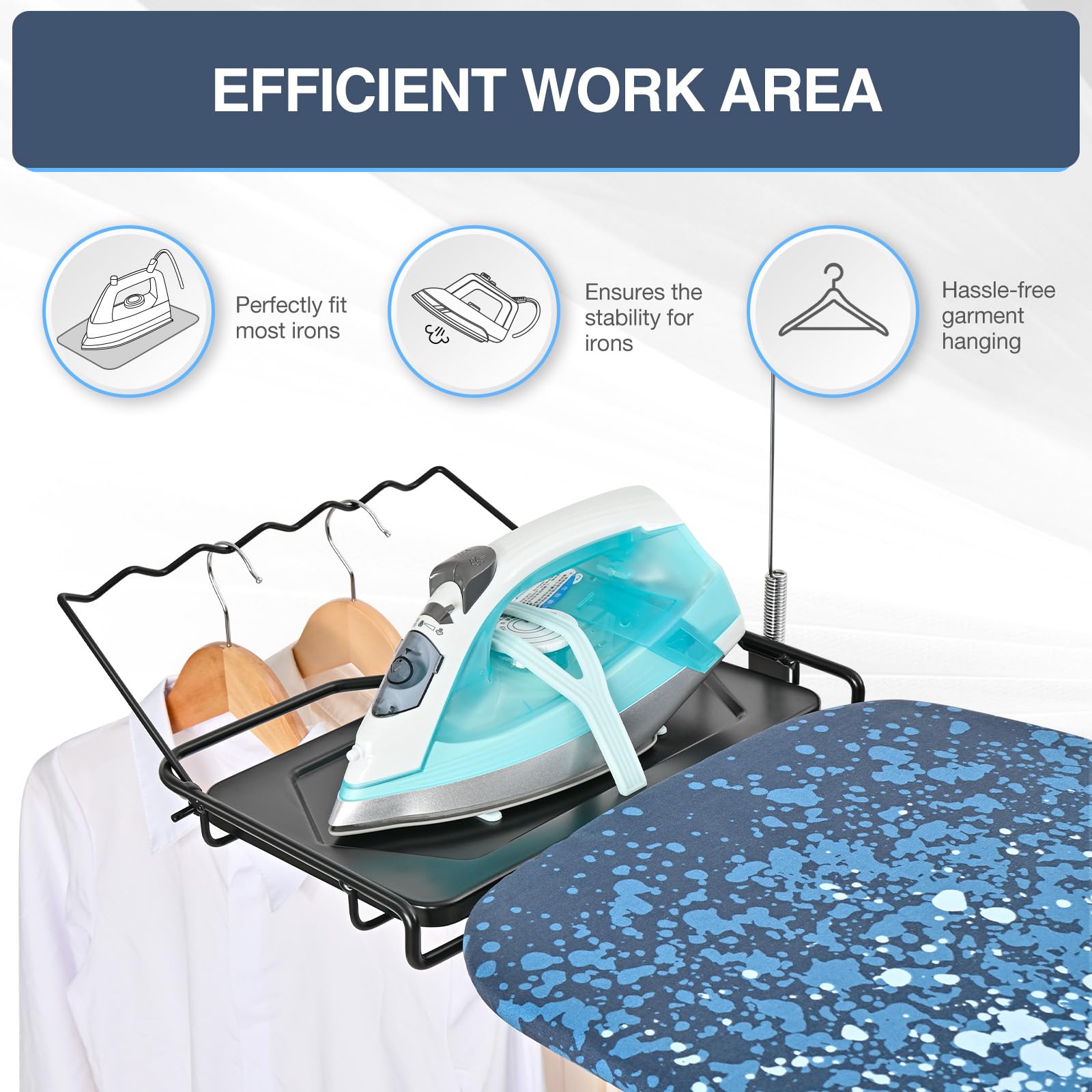 APEXCHASER Full Size Ironing Board,15x45 Metal Panel Iron Board with Iron Rest, Heat & Scorch Resistant Cover, Adjustable Height Heavy Duty Ironing Board with Germent Rack, for Home, Dorm, Ligh Blue
