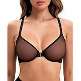 Upushall Women's Racerback Sexy Sheer Front Closure Plunge Bra Balconette See-Through Unlined Underwire Bras
