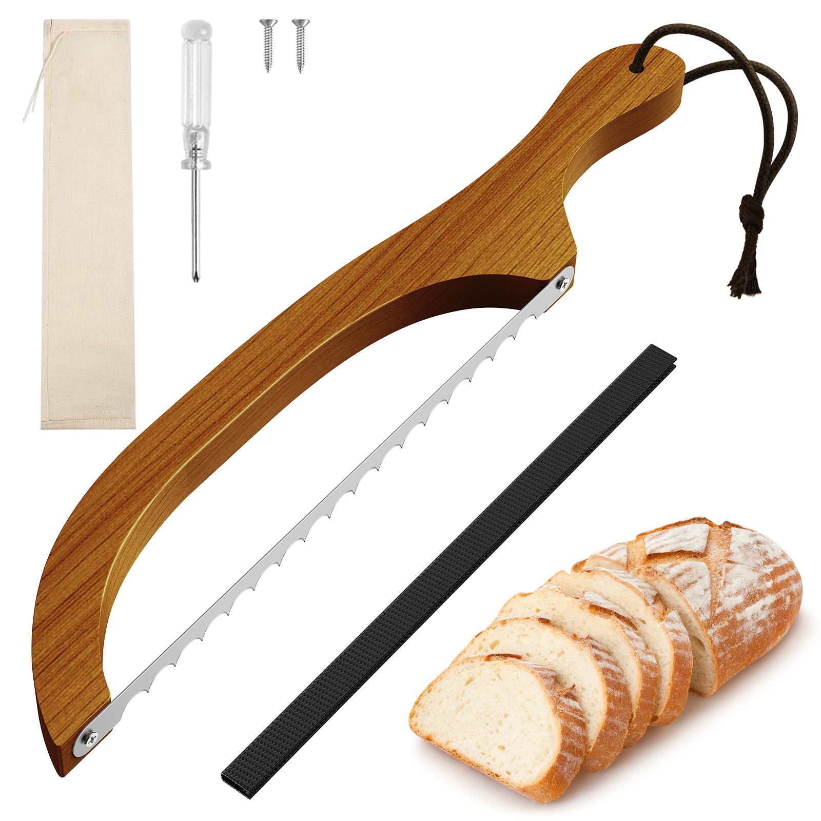 Photo 1 of *****4 piece*****FTCIRA Bread Knife for Homemade Bread – 16" Walnut Bow Bread Cutter with Ultra-Sharp Serrated Stainless Steel Blade, Sourdough Bread Knife for Bagels, Baguettes, and Rustic Loaves - Walnut Color