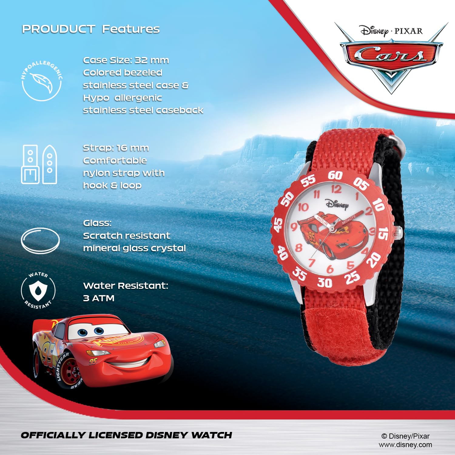 Disney Lightning McQueen Watch for Boys – Cars Analog Watch for Kids 3-5, Toddler, Boys – Black Bezel, Nylon Strap – Fun and Stylish Cars Watches Featuring Lightning McQueen Toddlers and Young Kids