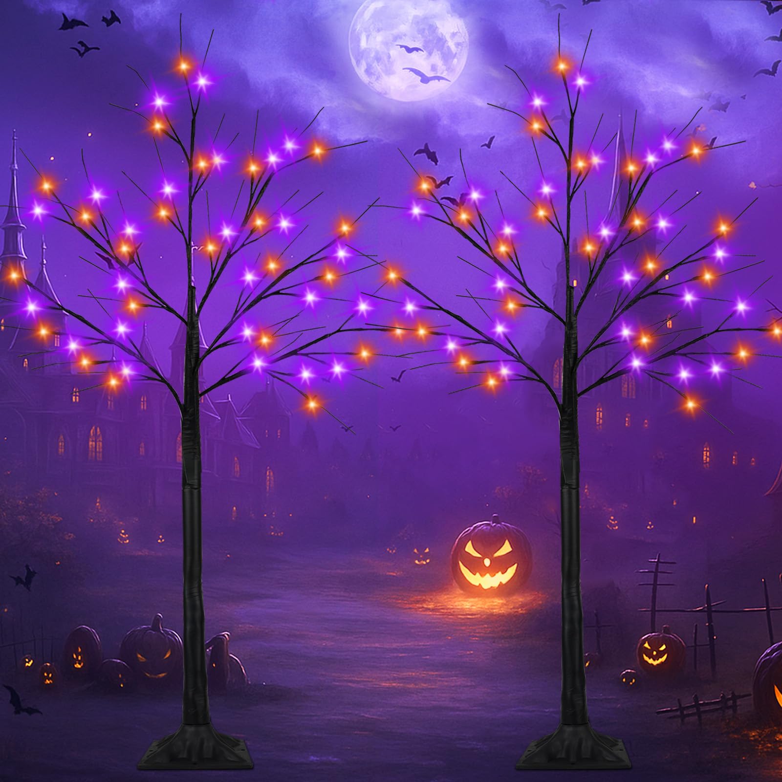 Photo 1 of 2-Pack 4FT Lighted Black Halloween Tree with 96 LED Orange & Purple Lights (Higher Size & Floor Standing), Halloween Decorations Spooky Tree for Indoor & Outdoor, Home Holiday Party Garden Lawns Decor