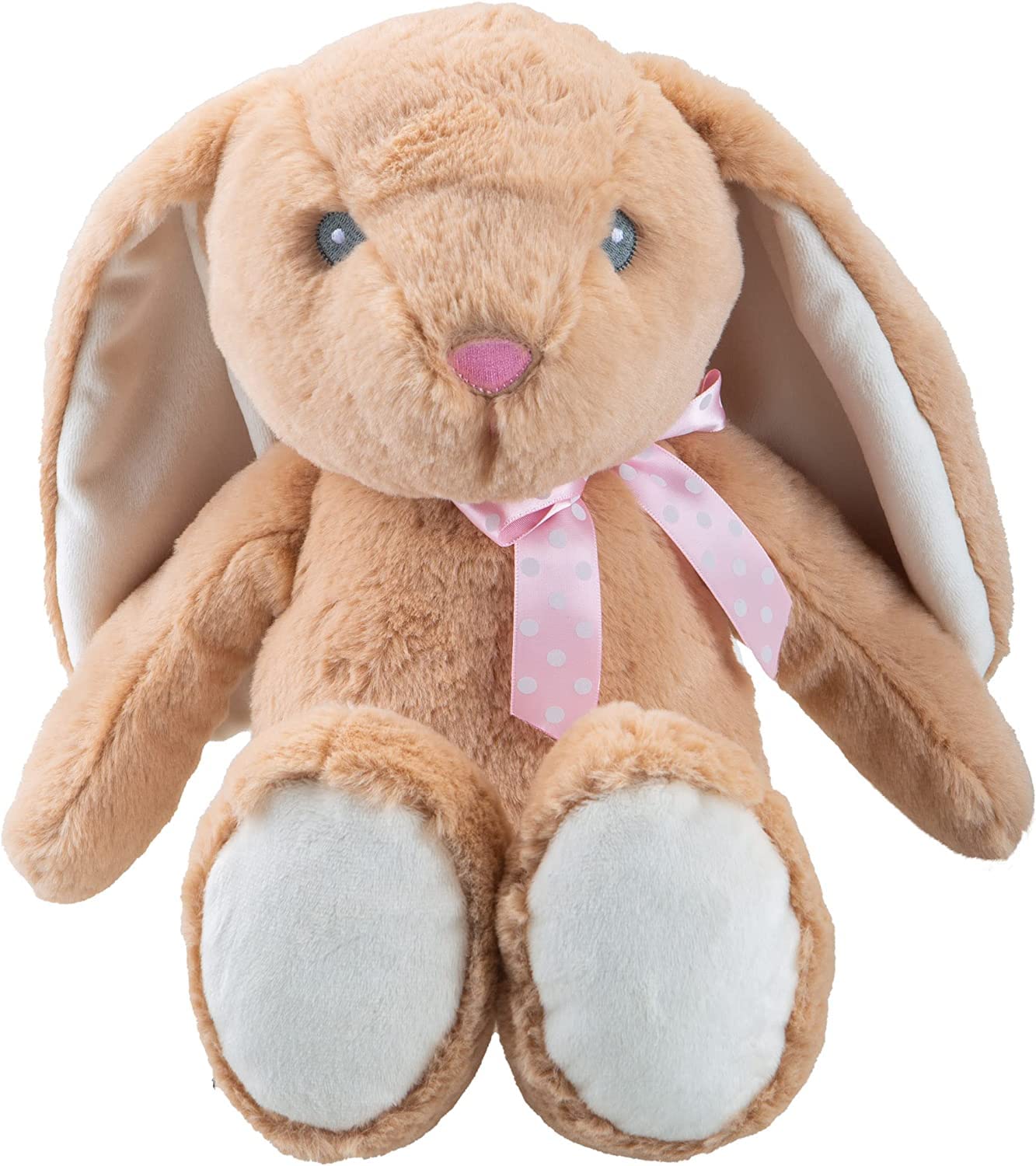 PMS VFM - Brown Rabbit 30cm Plush With Pink Spotty Ribbon Bow - Super Soft Sitting Floppy Ears Embroidered Details Pippin Bunny Cuddly Toy