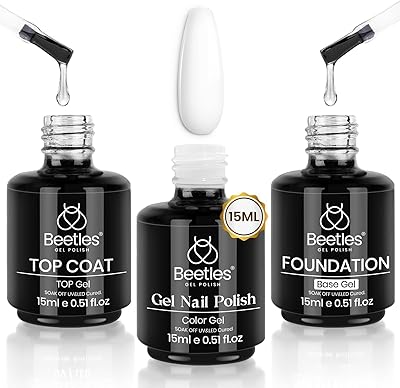 Beetles 15 ml weißes Gel Nail Polish mit Top Coat und Base Gel, 3Pcs Nagellack Set kein Abwischen Überlack und Basislack Set glänzendes lang Überlack Basisgel Design-Maniküre-Set