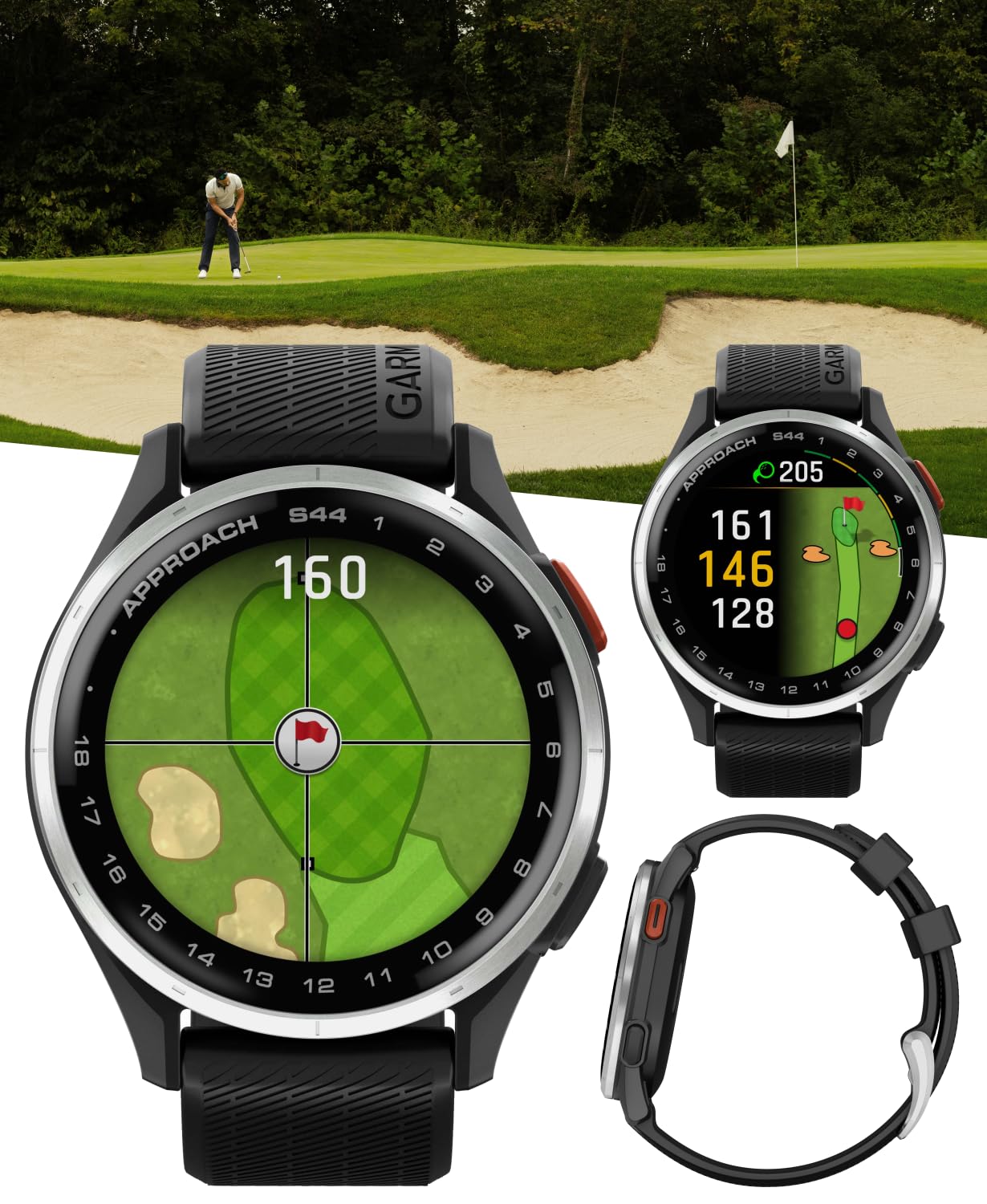 Garmin Approach S44 Golf GPS Smartwatch Silver Aluminum Bezel with Black Silicone Band with Wearable4U Power Bank Bundle