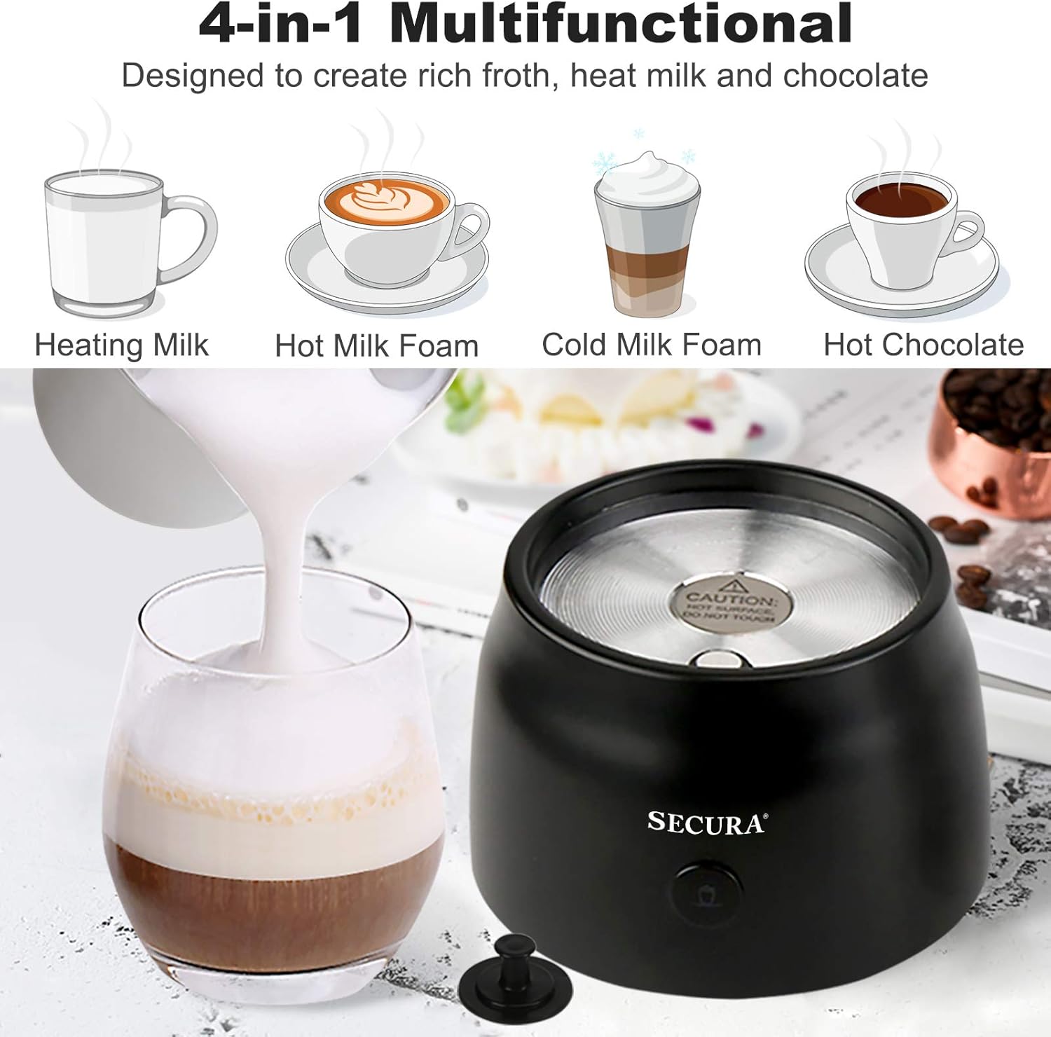 Secura 4 in 1 Electric Automatic Milk Frother and Hot Chocolate Maker Machine 17oz/500ml Foam Stainless Steel Dishwasher Safe Cordless Detachable Milk Jug: Kitchen & Dining