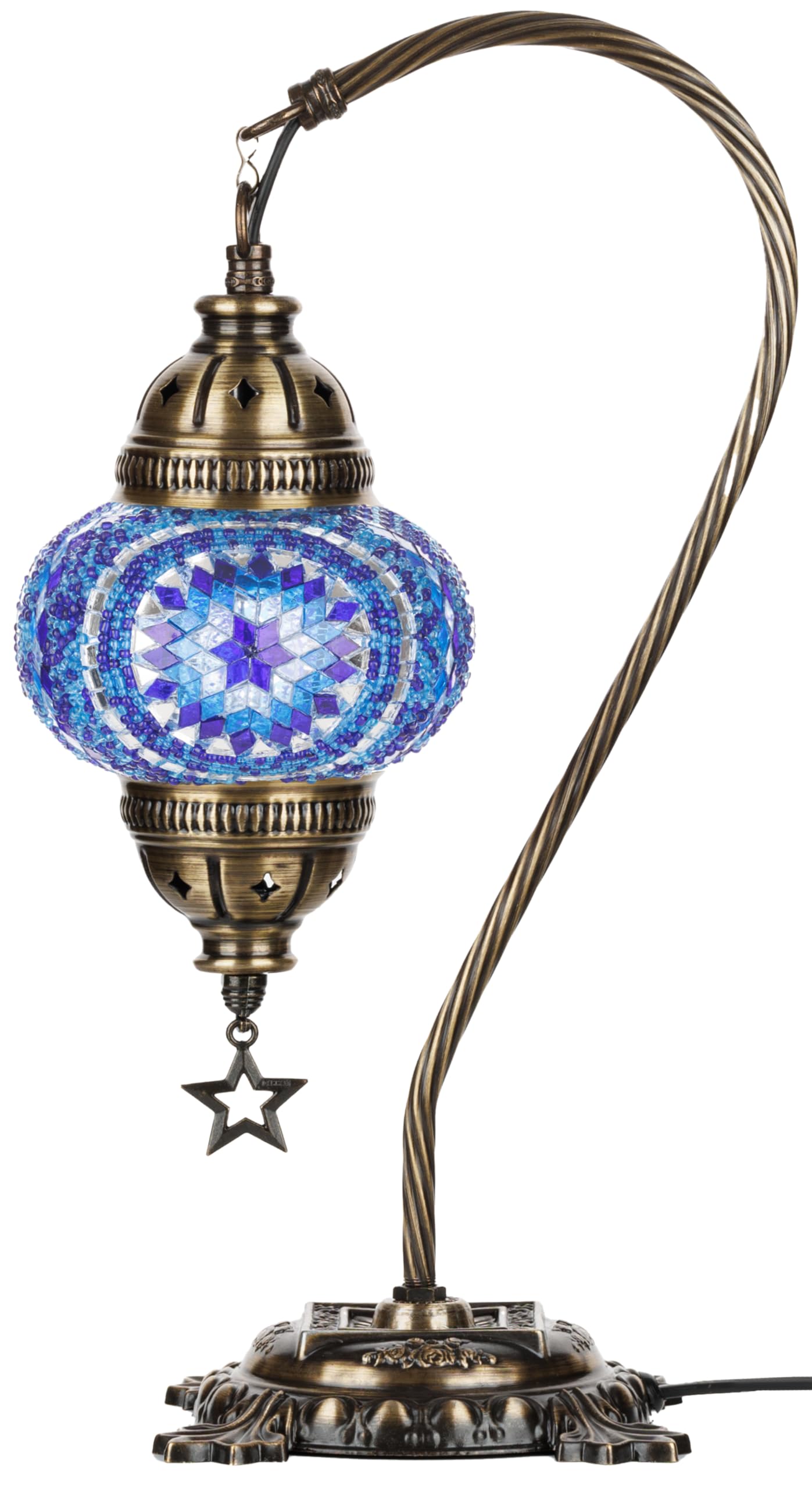 DEMMEX Turkish Moroccan Mosaic Table Lamp for Bedroom, Living Room - Tiffany Style Desk Bedside Lamp, Lampshade, Glass Mosaics & Beads, Decorated Metal Body & Base, Handmade, 12cm Shade, 38cmH
