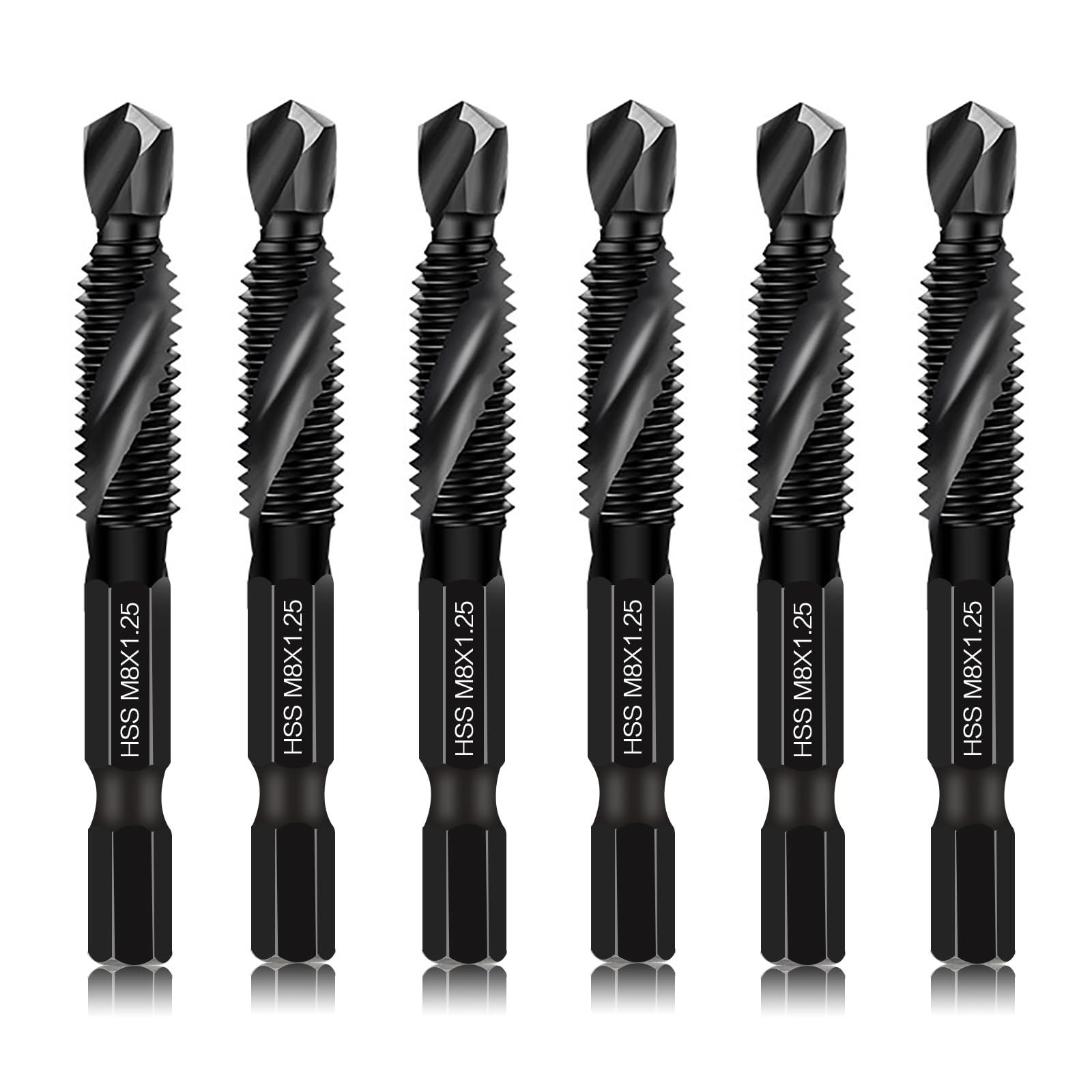 Photo 1 of DKIBBITH 6 Packs M8 Drill & Tap Bit Set, Combination Screw Tapping Threading Tools in Size M8*1.25 with Anti-Rust Black Coating, 1/4" Hex Shank and Storage Case