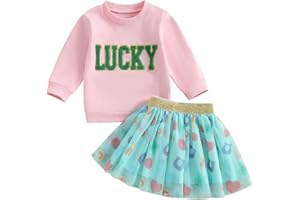 Mandizy Toddler Baby Girl St. Patricks Day Outfit Long Sleeve Lucky Embroidered Sweatshirt Tulle Tutu Skirt Set 2Pcs Clothes