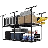 FLEXIMOUNTS 4x8 2-Tier Overhead Garage Storage Rack – Adjustable Heavy Duty Metal Garage Ceiling Storage Racks, 1000 lbs Capacity – Garages Organization System for 9–15 ft Tall Garages, Black