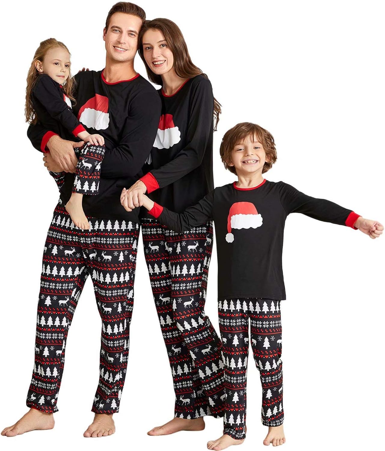 Pyjama Famille Noël Assorti - Ensemble Top + Pantalon Motif Père Noël Et Carreaux - Taille Adulte Et Enfant