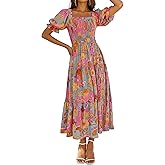 ZESICA Women's 2025 Summer Boho Floral Print Square Neck Ruffle Swing Beach Long Maxi Dress