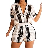 KANSOON Short Sets Women 2 Piece Outfits Knit Color Block Short Sleeve Button Down Shirt and Shorts Set