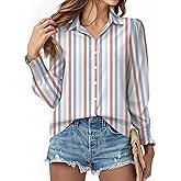 Yousify Womens Puff Long Sleeve Button Down Shirts Striped Casual Loose Fit Blouse Trendy Fall Tops