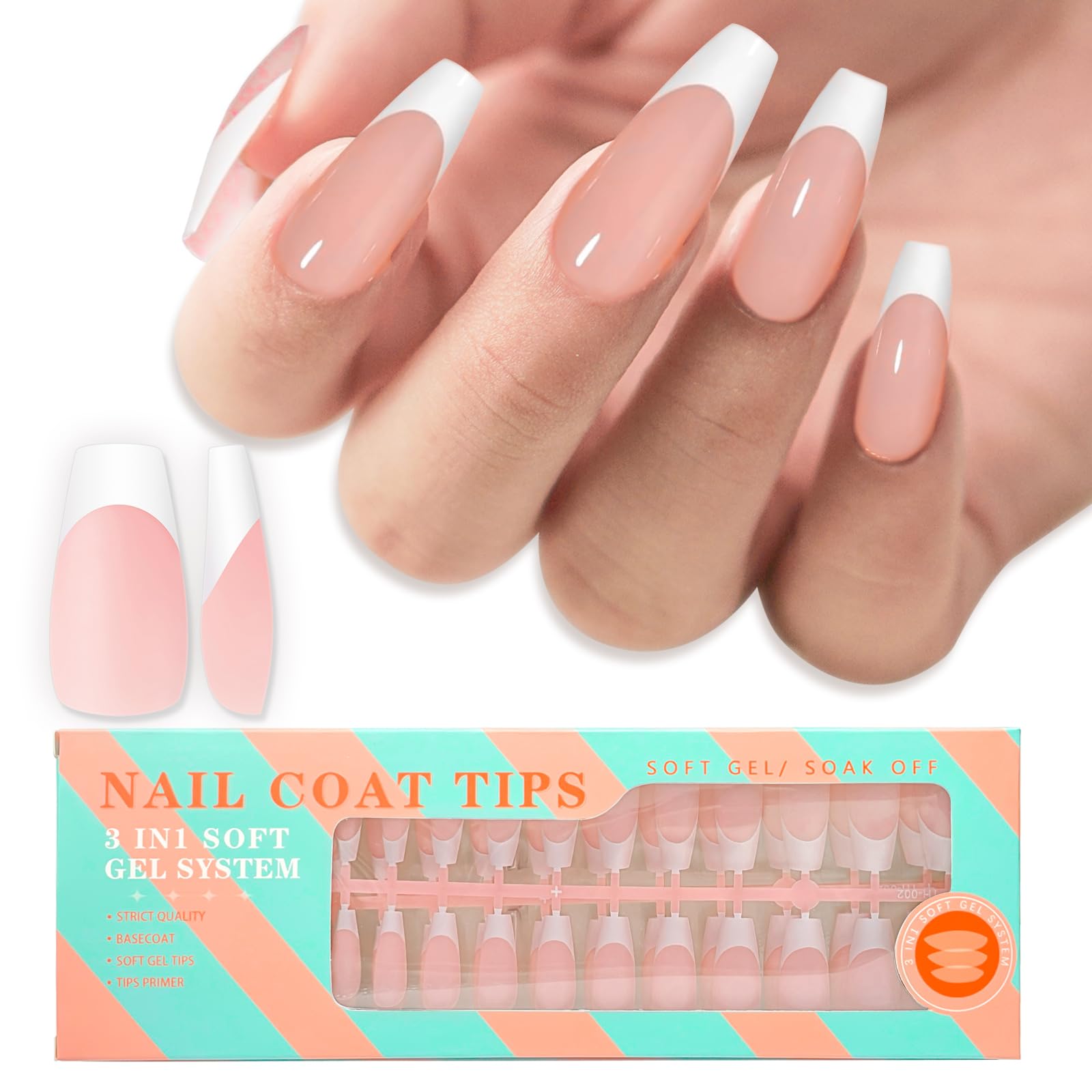 Medium Coffin Gel Nail Tips French Tips-Nude Soft Gel Fake Nail Tips 15 Sizes 150Pcs Pre-Primer&Base Coat&Color Gels French Nail Tips, DIY Press On Nail Tips for Nail Extension