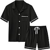 MoFiz Mens Cotton Pajamas Set Sleepwear Shorts Soft Summer Button Down Pjs Set 2 Piece Loungewear with Pockets S-3Xl