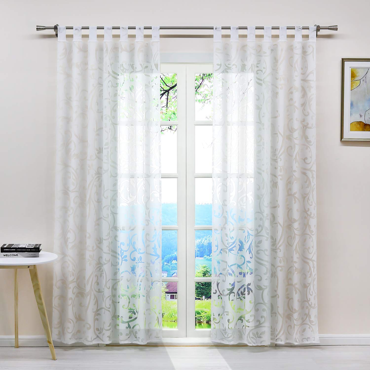 ESLIR Curtains with Loops Burnout Window Curtain Transparent Tab-Top Curtain with Vine Pattern White W x H 140 x 245 cm Pack of 1