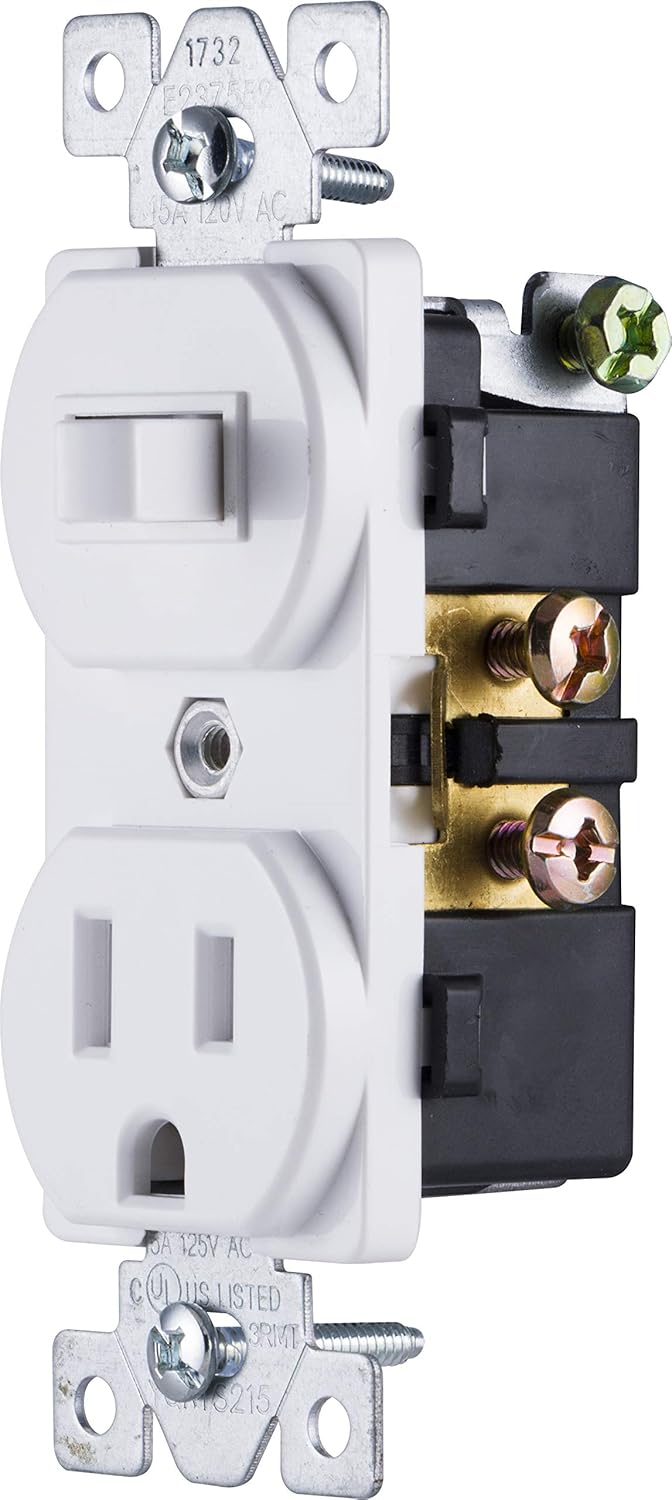 GE Wall Switch & Outlet Combo, Two-in-One Receptacle, 1 On/Off Toggle Power Switch, 1 Grounded AC Outlet Wall Plug, Single Pole, 3 Prong, 15 Amp, UL Listed, White, 59797 - Wall Light Switches - 