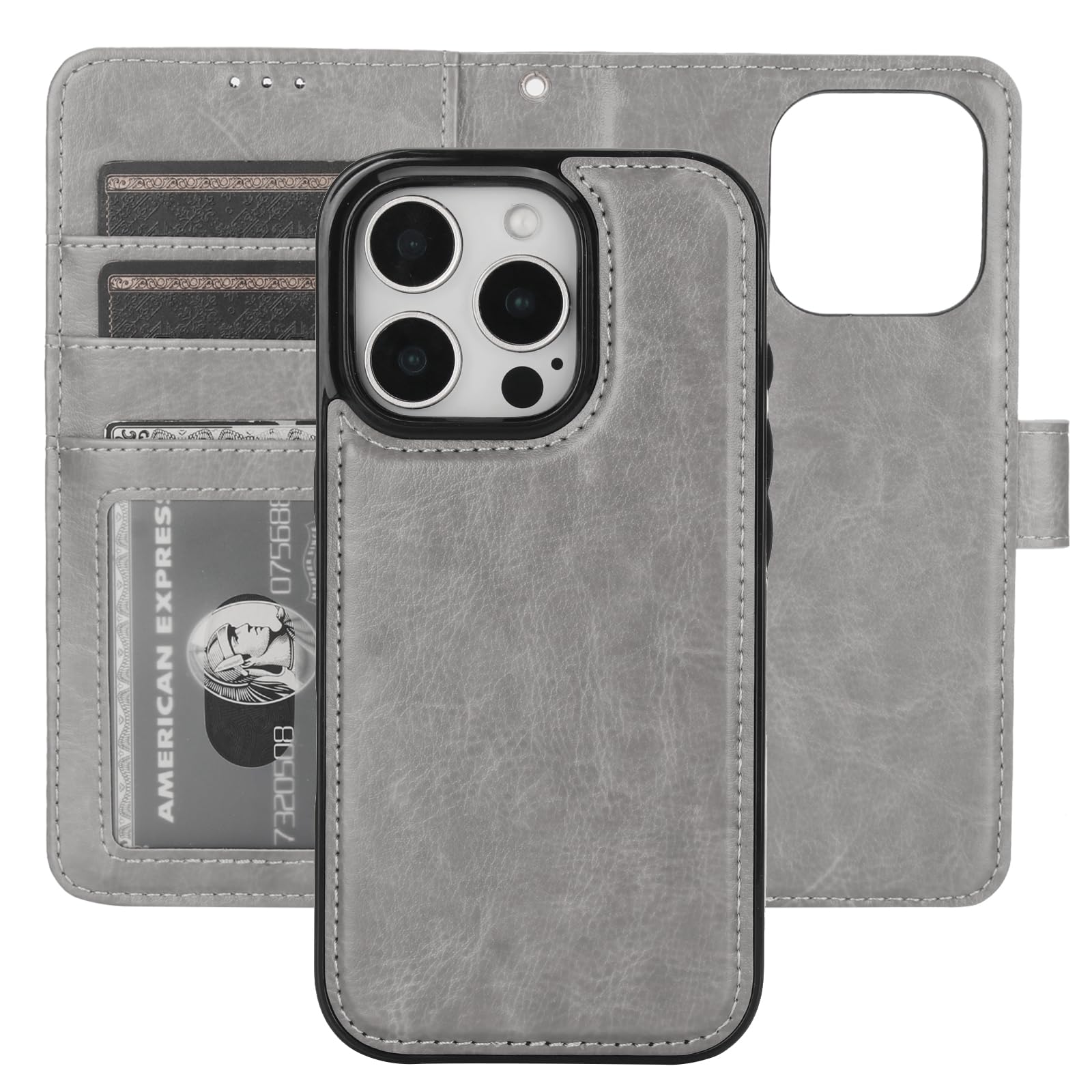 Bocasal Detachable Wallet Case for iPhone 16 Pro RFID Blocking Card Slots Holder Premium PU Leather Magnetic Kickstand Shockproof Wrist Strap Removable Flip Protective Cover 5G 6.3 inch (Grey)