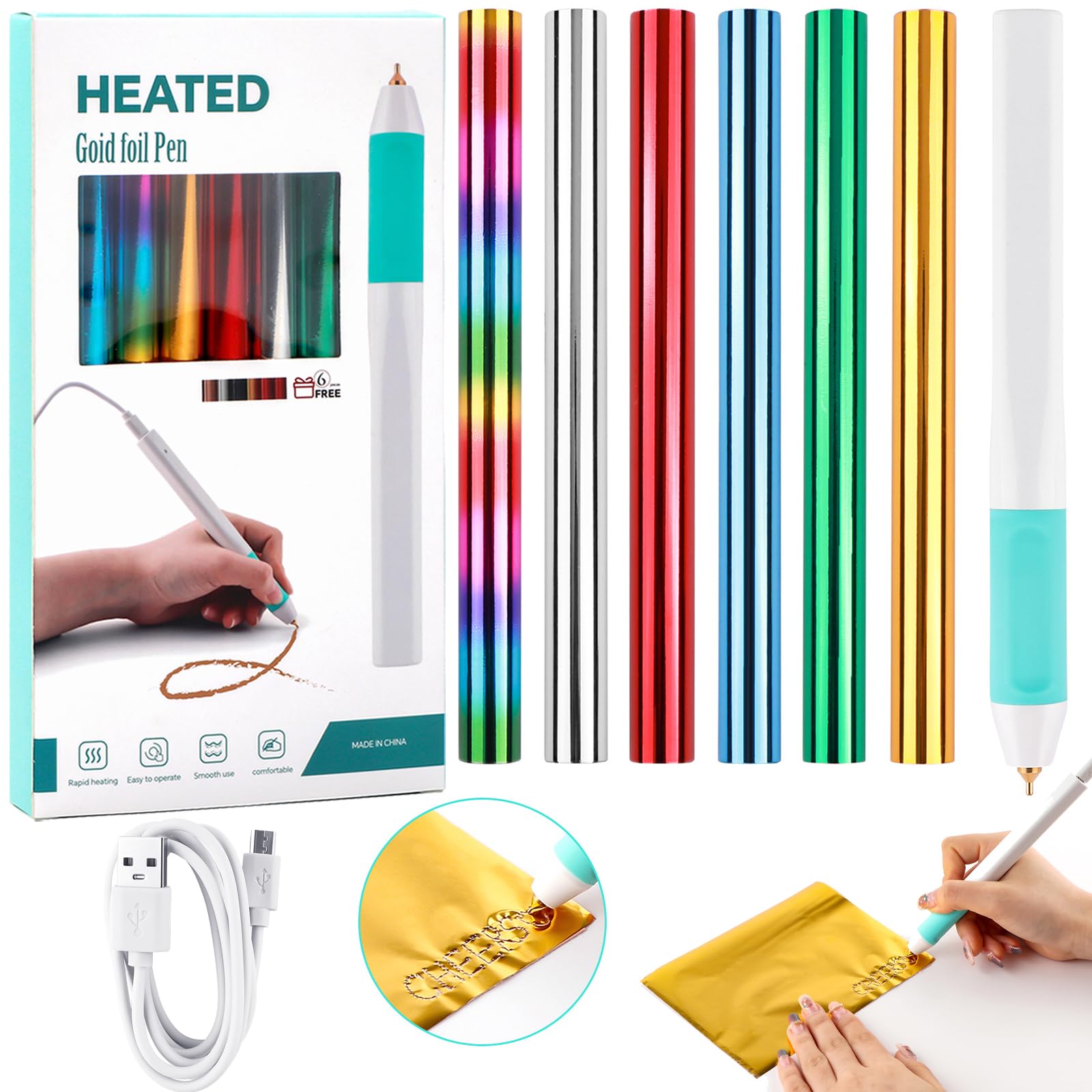 Hot Foil Roon & Hot Heated Foil Pens Set,Foil Quill Starter USB Heat Foil Pen for Scrapbooking Tool Kits Gold Glimmer Hot Foil Roll for Card Making Craft Scrapbooking Drawing Pen with USB Cable DC5V