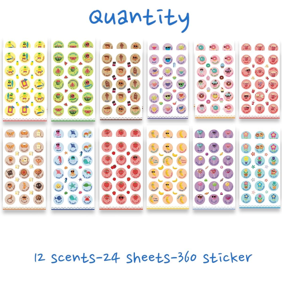 Joyful Artistry Smelly Stickers Scratch and Sniff, 24 Sheets, 12 Different scents, Motivational Reward Stickers for Kids and for Teachers (360)