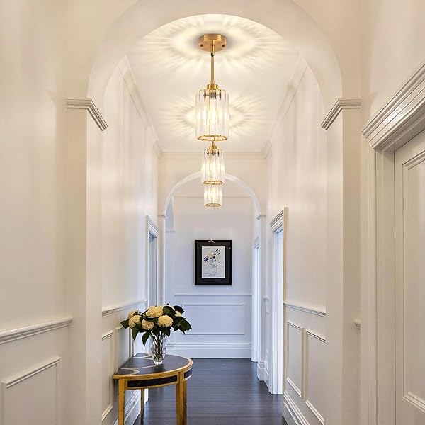 3 PACK BRUSHED GOLD PENDANT LIGHTS KITCHEN ISLAND, MODERN CRYSTAL PENDANT LIGHTING OVER ISLAND KITCHEN LIGHT FIXTURES HALLWAY CEILING LIGHTS ADJUSTABLE HANGING PENDANT LIGHT FOR BATHROOM FOYER