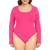 FOREYOND Plus Size Bodysuits for Women Long Sleeve Scoop Neck Body Suit Tops Casual Slim Fit Basic Leotards Shirts