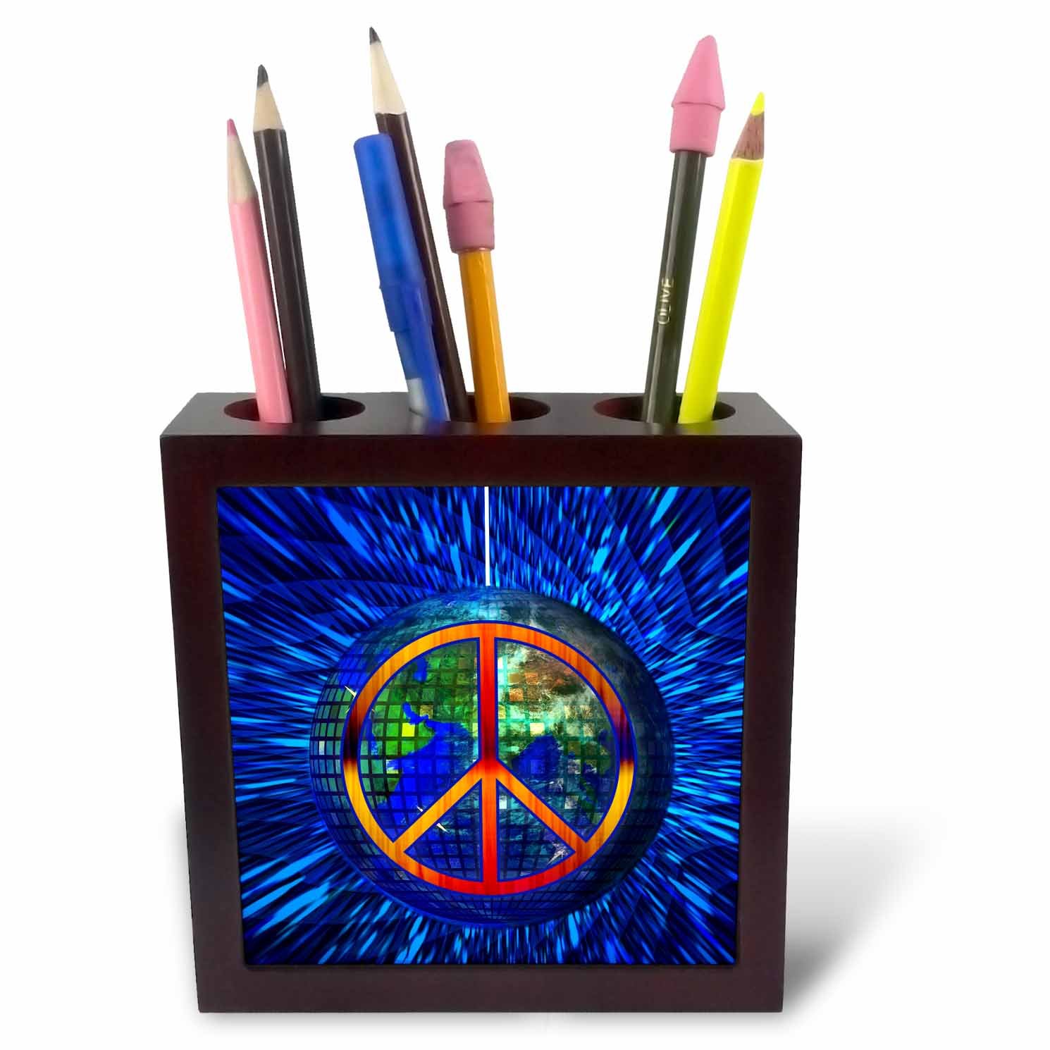 3dRose ph_244697_1 5-Inch "Retro Hippie Themed Peace on Earth with Disco Ball and Tie Dye" Tile Pen Holder