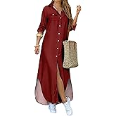 YMING Women's Long Sleeve Button Down Shirt Dress Spring Casual Maxi Dresses Loose Fit Blouse Dress with Pockets