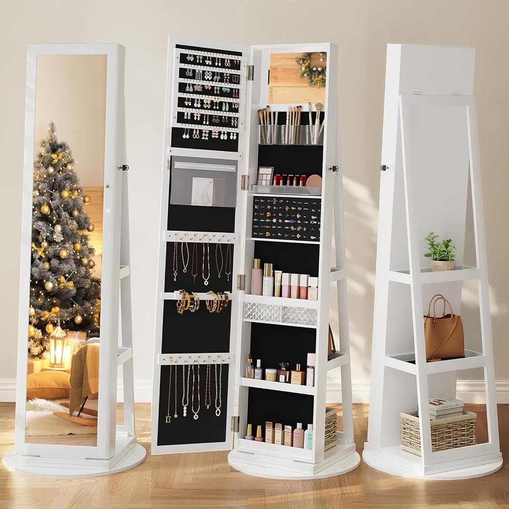 Dripex White Jewelry Organizer Mirror Wardrobe 360° Swivel Lockable 3 in 1