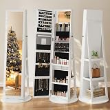 Dripex White Jewelry Organizer Mirror Wardrobe 360° Swivel Lockable 3 in 1