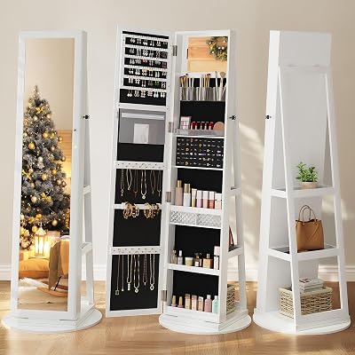 Dripex White Jewelry Organizer Mirror Wardrobe 360° Swivel Lockable 3 in 1
