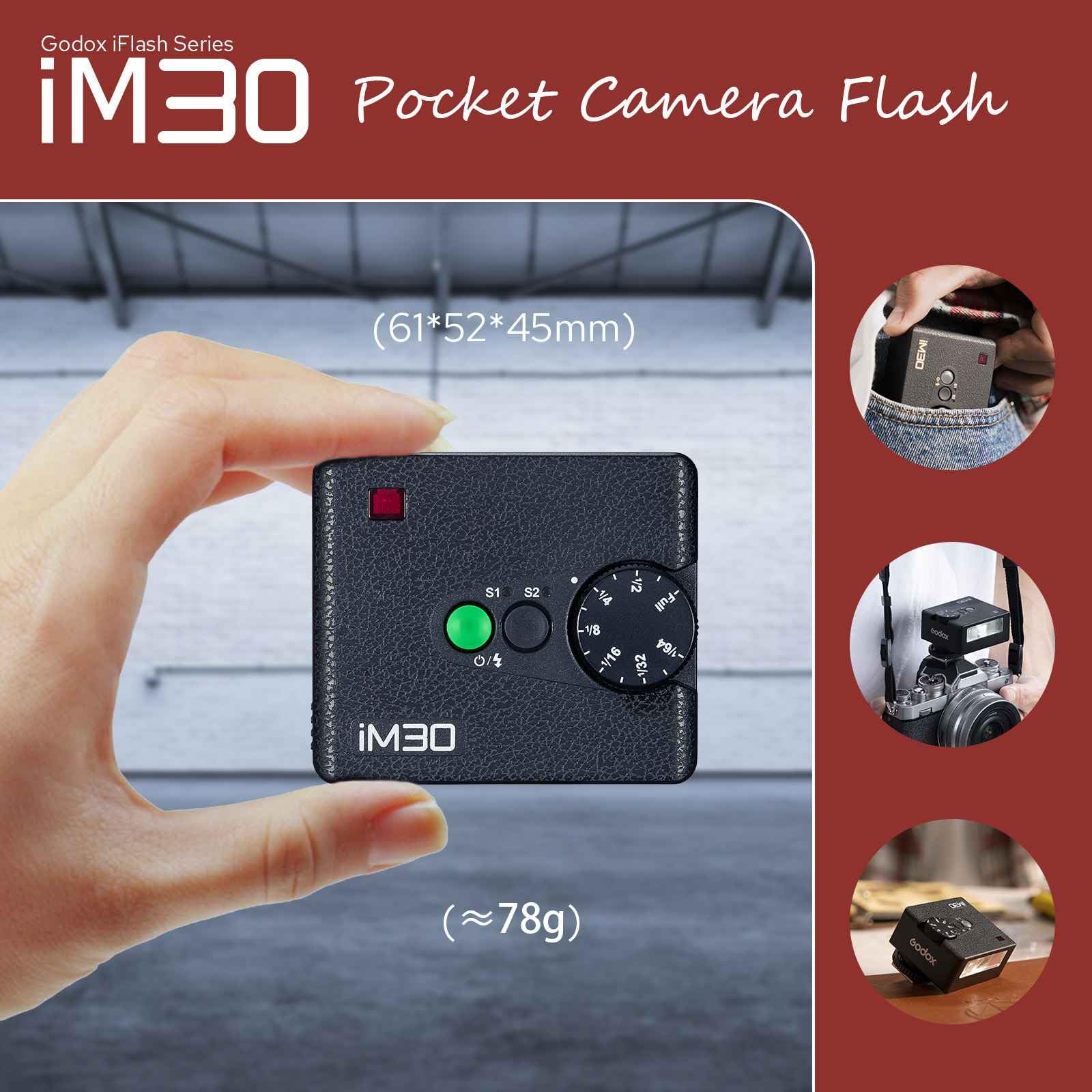 Godox iM30 Mini Kamera Blitz,GN15 mit 7-Stufen Flash Power,CCT 6500K±200K mit S1/S2 optischer Steuerung für Canon/Sony/Fuji/Nikon/Panasonic/Olympus, für Kameras mit Single-Contact Hotshoe 6