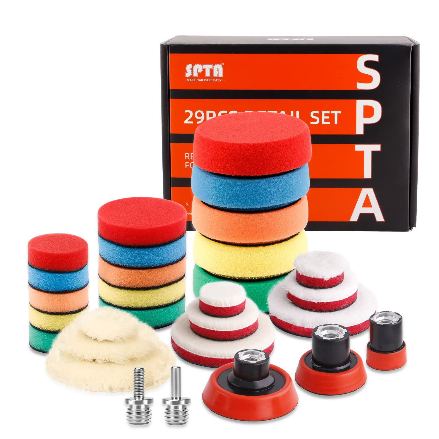 Photo 1 of SPTA 29pcs Drill Buffing Pad Detail Polishing Pad Mix Size Kit with 5/8-11 Thread Backing pad & Adapters for Car Sanding, Polishing, Waxing, Sealing Glaze