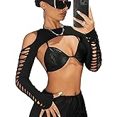 GORGLITTER Women's Cut Out Super Crop Top Bolero Long Sleeve Crew Neck T Shirt Shrug Tops