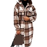 Meyhad Womens Casual Lapel Button Down Long Plaid Jacket Shacket Tartan Brushed Pocketed Coat