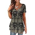 FOLUNSI Women’s Plus Size Short Sleeve Henley Shirt V Neck Floral Blouses Tunic Tops M-4XL